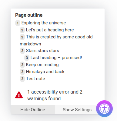 Screenshot of the popup window listing the hierarchical structure of headlines.
