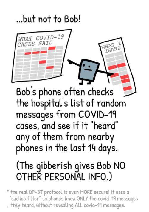 Screenshot of one page of a comic explaining how corona tracing apps shield personal data.