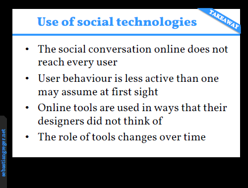 Slide summarizing four points: The social conversation online does not reach every user. User behaviour is less active than one may assume at first sight. Online tools are used in ways that their designers did not think of. The role of tools changes over time.