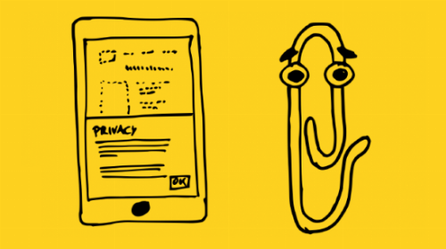 A pen-drawn graphic of a mobile phone with a cookie banner next to the annoying paperclip character from early versions of MS Word.