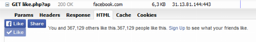The HTML delivered by the Facebook server to display a 'like' button