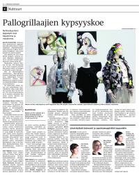 A scan of a newspaper article in Finnish, with the title 'Pallogrillajien kypsyyskoe', featuring a big photo from a design exhibition, with fashion manequins and some photo art on the wall