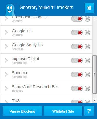Screenshot of a UI listing trackers blocked by the Ghostery plugin