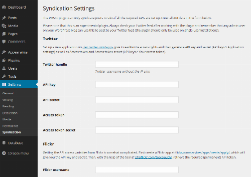 Screenshot of a settings page for the syndication plugin.