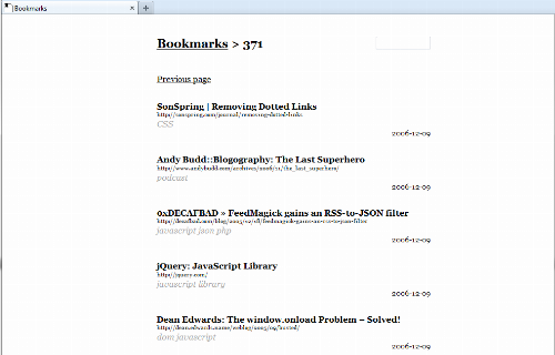 Screenshot of a page listing bookmarks as text items