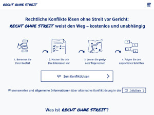Screenshot of a website inviting users to enter a conflict solution tool, based on a four-step process depicted using hand-drawn images.