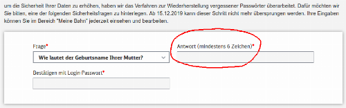 Screenshot of a form asking for mother's maiden name as a "safety question" while requiring to enter at least six characters.