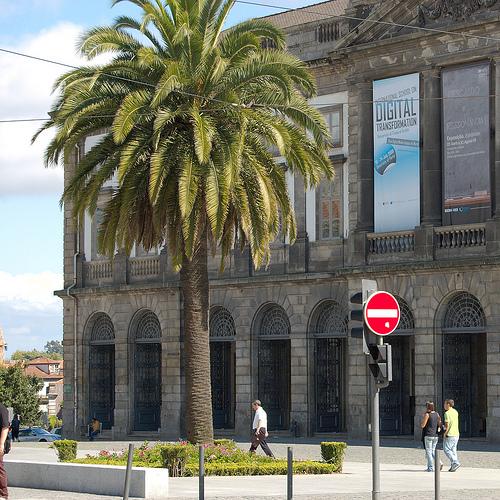 The main building of the University of Porto, with a palm tree in front and a poster for the International School of Digital Transformation on the outside