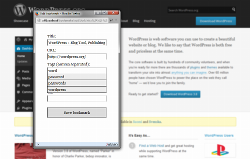 Screenshot of a popup with test fields for title and URL, and a dropdown to choose tags