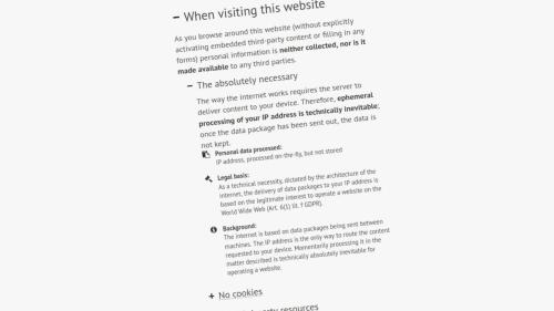 Screenshot of a privacy policy document with expandable chapters; the currently open section is 'When visiting this website' and 'The absolutely necessary' and describes what data is collected about a website user