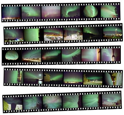 Film strips with thumbnail images of norhtern lights over urban landscapes such as parking lots, roads, houses