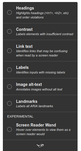 Screenshot showing the Tota11y UI, which features rather technical options.