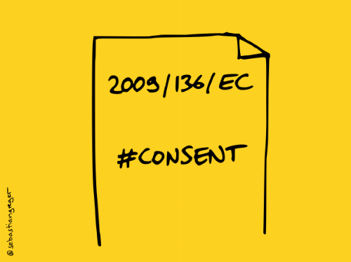 drawing: a sheet of paper with the title "2009/136/EC" and hashtag "#consent"
