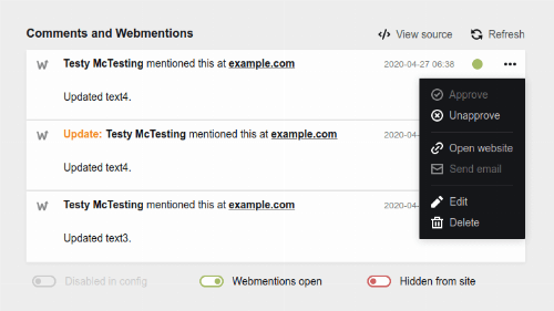 Screenshot of a Kirby CMS admin UI to manage comments and webmentions. Each entry has its own row, with an action button revealing menu of options like approve, unapprove, edit, delete, etc.