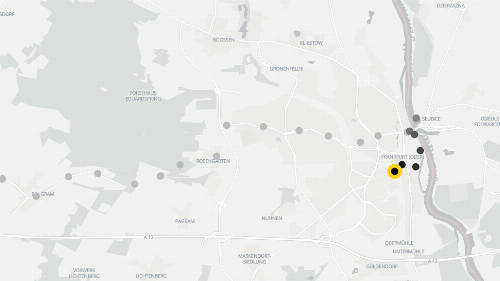 Screenshot of a greyscale map, with grey dots of different opacity marking a trail; one dot is highlighted in yellow