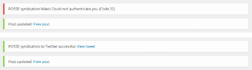 Screenshot with various error and success messages, as displayed by the Wordpress admin UI.