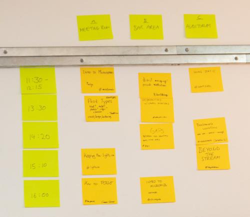 A whiteboard with yellow post-it notes depicting the schedule for the day