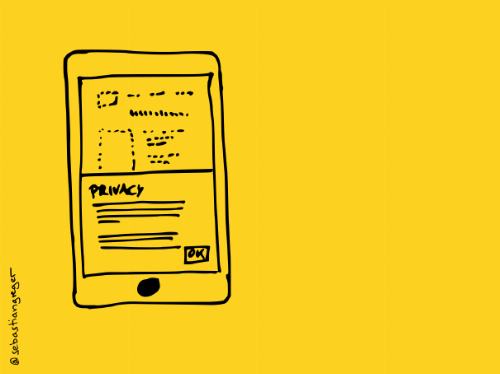 drawing: a mobile phone on which the content is barely visible under a cookie consent banner