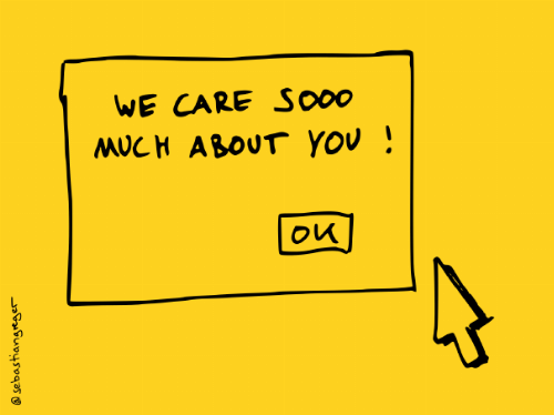 drawing: a pop-up with text 'we care sooo much about you' and an 'ok' button