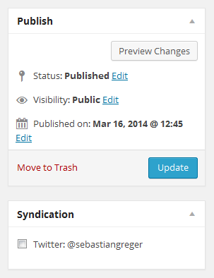 A small UI element in the Wordpress UI, with a checkbox to select Twitter as a syndication target.